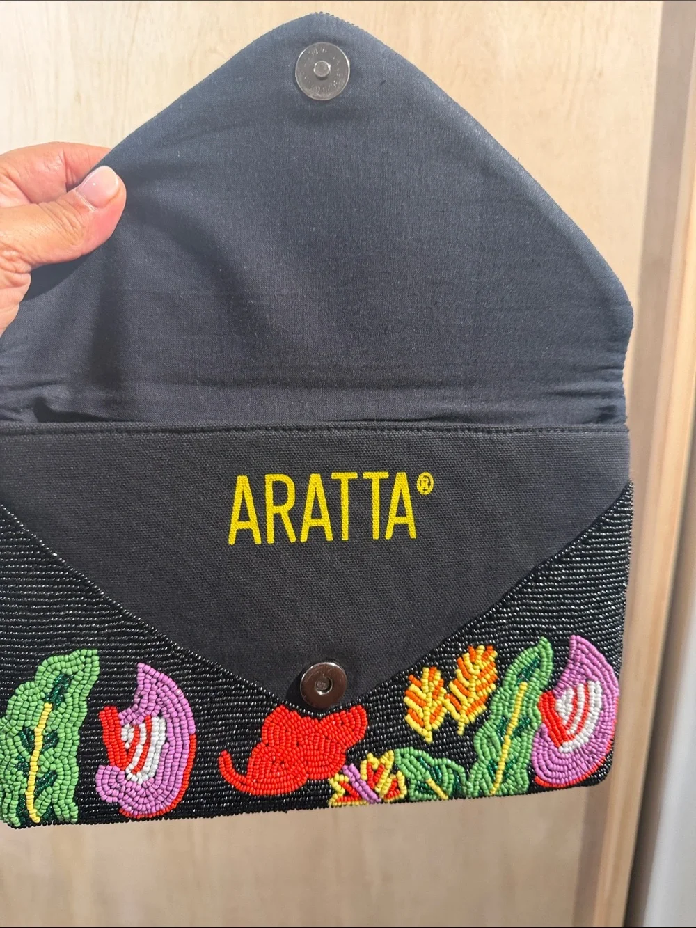 Aratta Black Beaded Floral Envelope Clutch with Multicolor Embroidery